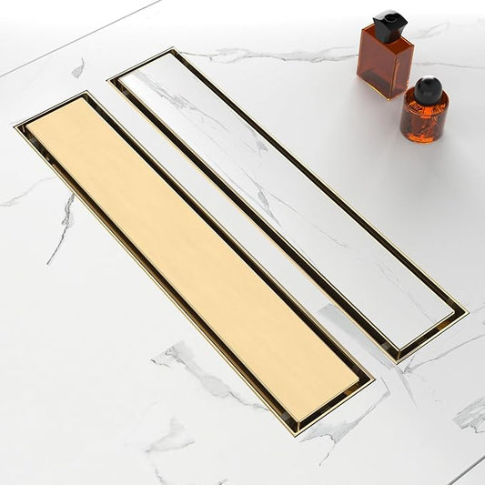 18-Inch Linear Shower Drain with Tile Insert Grate, SUS 304 Stainless Steel Linear Drain, Brushed Gold Long Rectangle Shower Floor Drain with Leveling Feet, Hair Strainer, Fits Bathroom