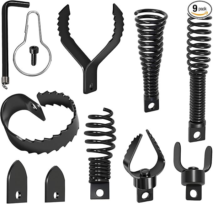 9 PCS Drain Snake Drill Attachment,Drain Cleaner Combination Cutter Head,Root Cutter For Drain Cleaning,Used in 50ft-100ft Ac Drain Cleaning Machine,for 5/16” To 3/4” Drain Snake Cables