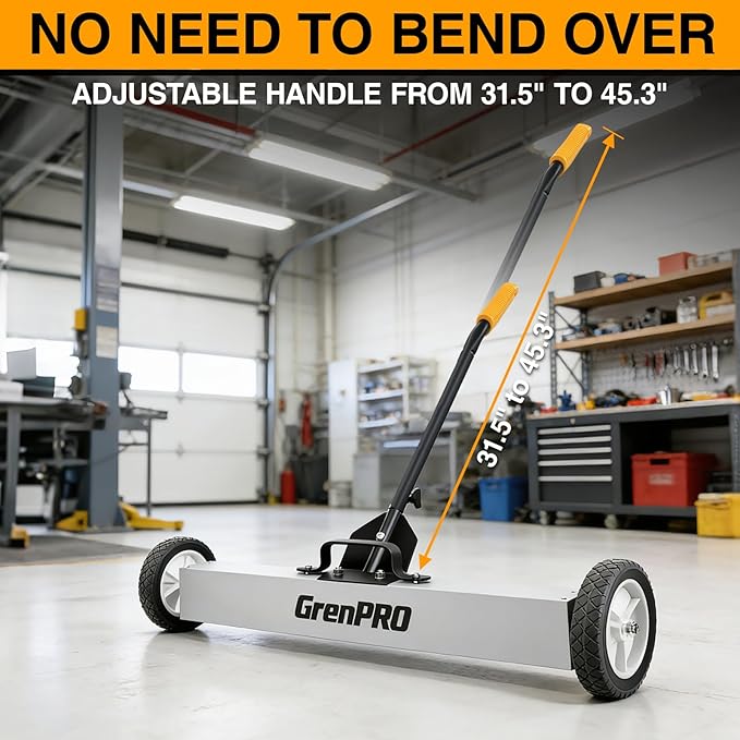 GRENPRO Magnetic Sweeper Rolling 36 Inch, 55-Pound Lawn Magnet for Nails, Magnet Sweeper with Wheels, Floor Push Sweeper with Telescoping Handle, Pick-up Nails Screws Workshop Garage ASIN B0FW4KD65Q