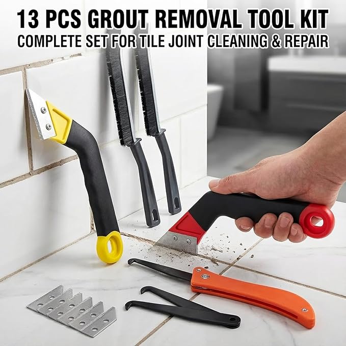 Grout Removal Tool Kit, 2 Saws with 6 Replacement Blades, Hand Grout Saw and 2 Cleaning Blades, 2 Brushes for Tile Gap Cleaning and Repair (13PCS)