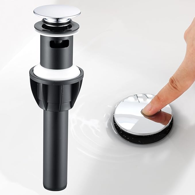 Chrome Pop Up Bathroom Sink Drain, with Overflow Plastic Bathroom Sink Stopper for Faucet Vessel, Push Type Bathroom Sink Vanity Assembly with Strainer