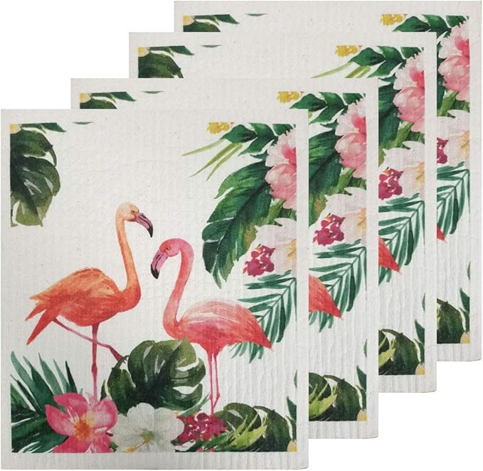 Swedish Dishcloth Reusable Kitchen Dish Towels Absorben and Fast Dry Cleaning Cloths Set of 4 No Odor Wipes (Flamingo)