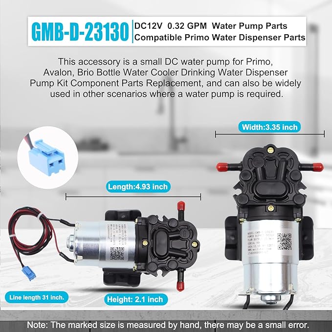GMB-D-23130 Water Pump, DC 12V, 0.32 GPM, Compatible Primo Water Dispenser Parts, Avalon Water Dispenser Parts, Brio Bottle Bottle Water Cooler Water Dispenser Parts Replacement Replace DP005A2
