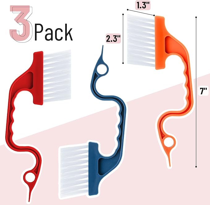Slick- Window Track Cleaning Brush, 3 Pack, Colorful, Ergonomic Handle, Built-in Scraper, Multipurpose Window Track Cleaning Tools for Faucets, Shower Heads and Drains