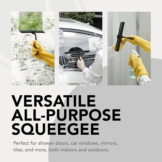 Metal Squeegee – Stainless Steel Window Cleaner Removes Water and Soap on Shower Doors, Car Windshields, Glass, with Soft Silicone Blade, Includes Hanging Hook and Screwdriver, Black