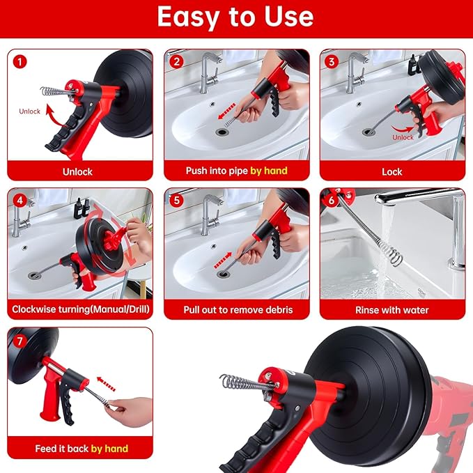 Drain Snake Hair Drain Clog Remover,SEVVETROOL Plumbing Drain Auger Snake Drill Attachment Toilet Snake Auger for Bathroom Kitchen Tub Shower Drain Clog Remover with Gloves(33ft/10M)