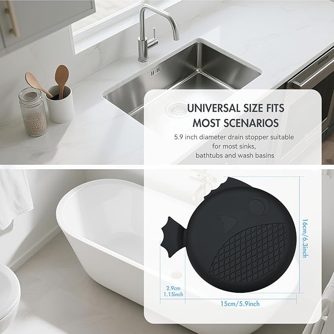 TRAPMATE Tub Stopper Bathtub Drain, Patented 5.9" Silicone Drain Plug Cover for Shower, Bath, Kitchen Sink, 3 Pack, Black