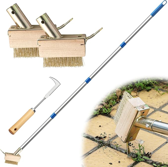 Moss Remover Brush Crack Weeder Tool Stainless Steel Crevice Weeder with 2 Brush Heads - Long Handle Weed Puller for Deck, Patio, Walkway, Driveway Crevice Cleaning Tool (Moss Remover Tool-2)