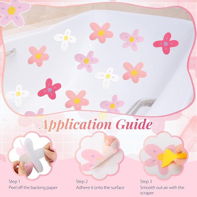 32 Pcs Cute Non Slip Bathtub Stickers for Shower Colorful Bathroom Anti Slip Shower Stickers Floor Applique Adhesive Decals with Scraper for Bathtub Bathroom Floor Pools (Flower)