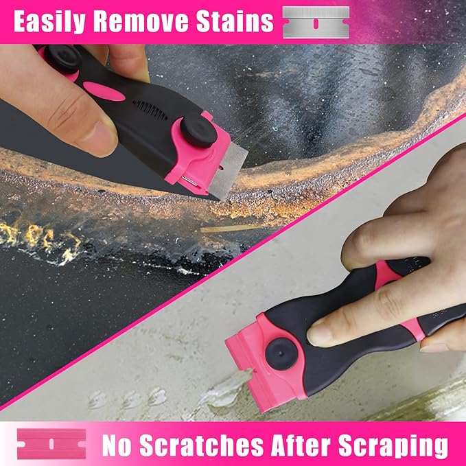 Razor Blade Scraper Tool, 3Pcs Pink Razor Scrapers with 15pcs Metal and 30pcs Plastic Blades, Scraper Tool for Cleaning Paint, Decals, Adhesive, Caulk, Stickers, Glass, Labels, Window, Stovetop