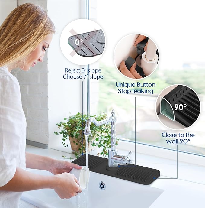 17.7 Inch Silicone Faucet Mat for Kitchen Sink Splash Guard - 7° Slope Upgraded Water Draining Mat with Fasten Button for Bathroom Area(Black, 17.7''x5.5'')