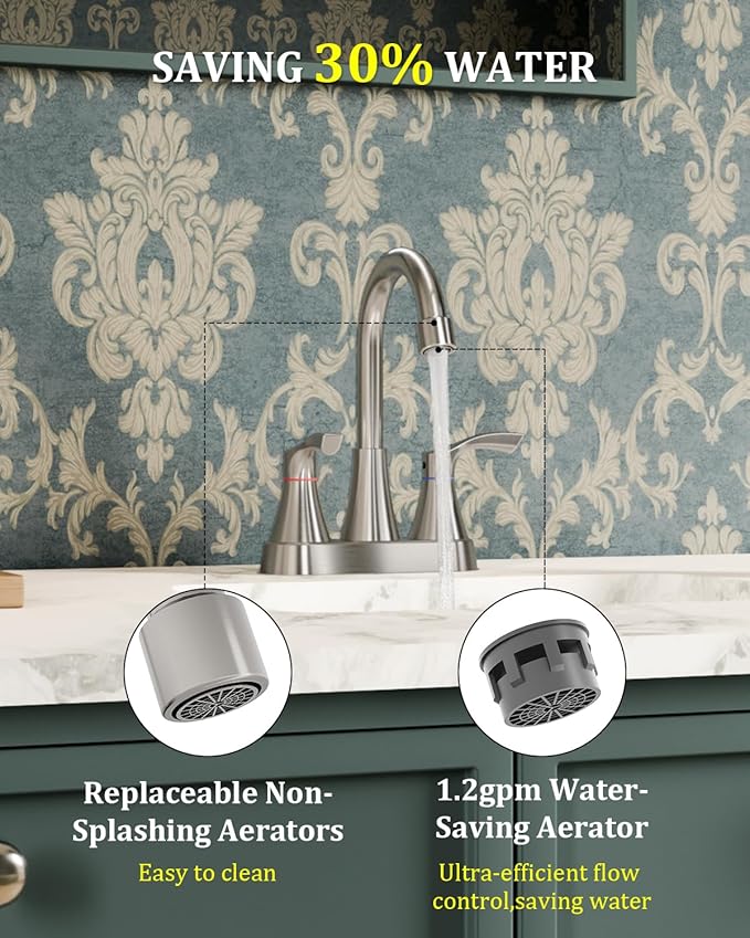 2 Pack Brushed Nickel Bathroom Faucet 3 Hole, Evolvegoods 4 Inch Stainless Steel Bathroom Sink Faucet, 2 Handle Centerset Faucet for Bathroom Sink Vanity, with Pop Up Drain and 2 Supply Hoses