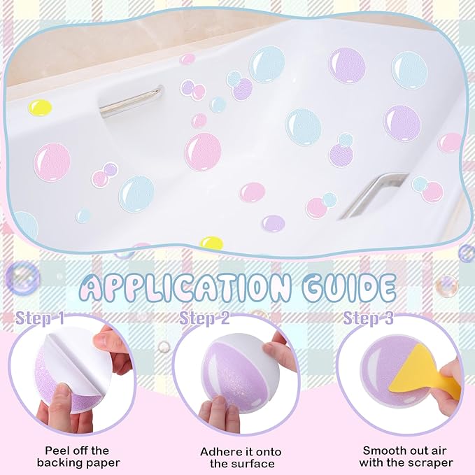 32 Pcs Cute Non Slip Bathtub Stickers for Shower Colorful Bathroom Anti Slip Shower Stickers Floor Applique Adhesive Decals with Scraper for Bathtub Bathroom Floor Pools(Bubble)