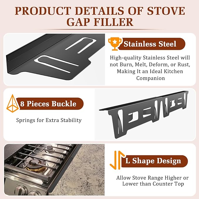 2 Pack Expandable Stainless Steel Stove Gap Covers (13.8"-27.6"), Retractable Fill the Gap Between Stove & Counter Top with Heat Resistant Range Trim & Guard, Slide-in Seamless Kitchen Accessory Kit