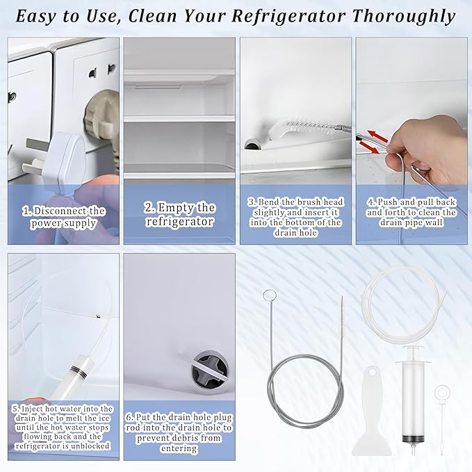 5 Pcs Refrigerator Cleaning Kit Flexible Refrigerator Feeding Scrub Tube Brush Extra Long Pipe Slim Cleaner Tool with Hose Syringe Shovel Plug Rod for Ice Maker Dispenser
