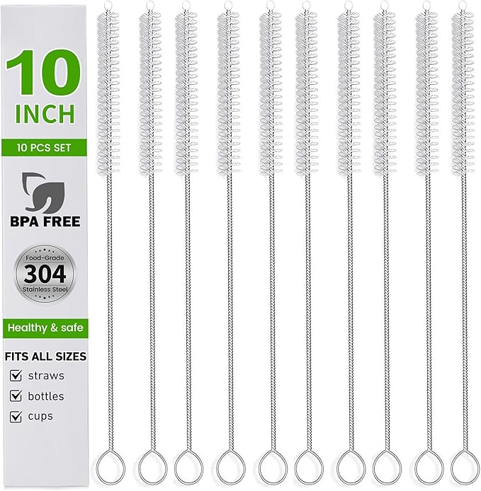 Straw Cleaner Brush Set, 10 Pieces 10 Inch Stainless Steel Handle Straw Brush Set, Extra Long Straw Brush for Tumbler, Sippy Cup, Water Bottle and Tubes