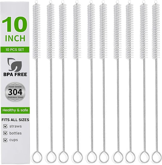 Straw Cleaner Brush Set, 10 Pieces 10 Inch Stainless Steel Handle Straw Brush Set, Extra Long Straw Brush for Tumbler, Sippy Cup, Water Bottle and Tubes