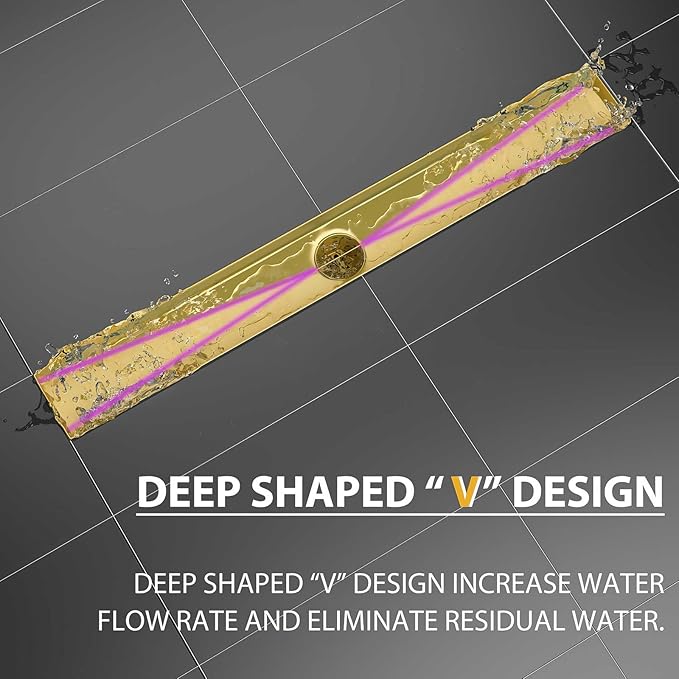 SaniteModar Linear Shower Drain, Gold Shower Drain 24 inch with Removable Grate,Brushed 304 Stainless Steel Linear Drain with Hair Strainer & Leveling Feet