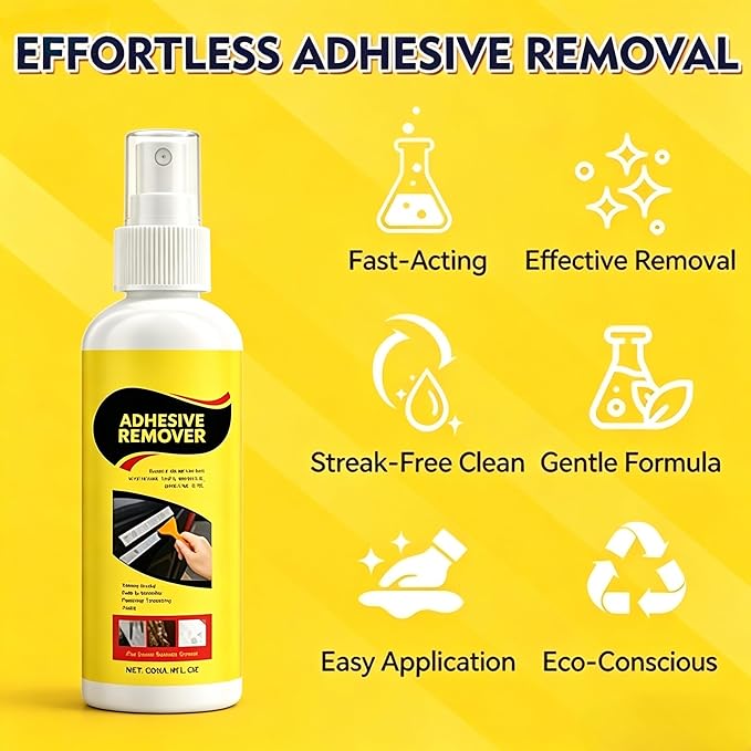 Adhesive Remover, Sticker Remover Spray with Plastic Scraper and Cleaning Cloth, Removes sticker residue, tape marks, and glue buildup, for Glass, Metal, Plastic, Wood and Hard Surfaces