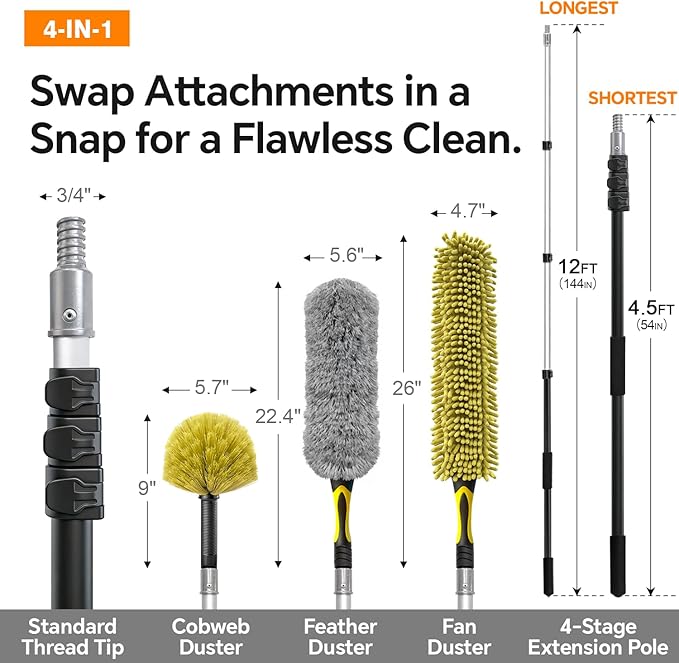 4-12Ft Telescoping Extension Pole Kit, 4-in-1 High Reach Duster with Chenille Microfiber Feather & Cobweb Duster Attachments for Ceiling Wall Hard-to-Reach Indoor & Outdoor Cleaning Yellow