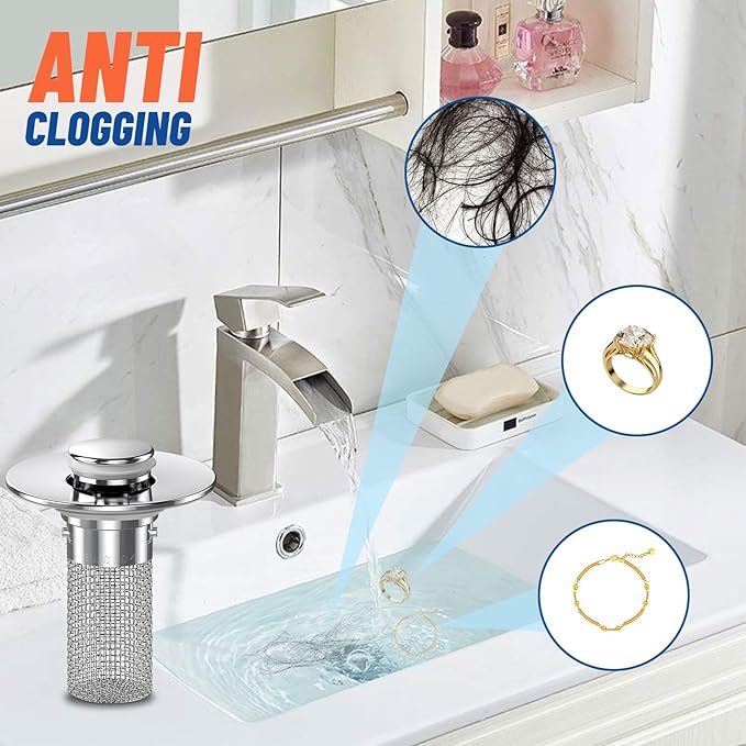 2024 New Pop Up Bathroom Sink Drain Strainer Hair Catcher, Sink Drain Stopper with Removable Stainless Steel Filter Basket,for US Bathroom Sink Stopper Replacement (2PCS)