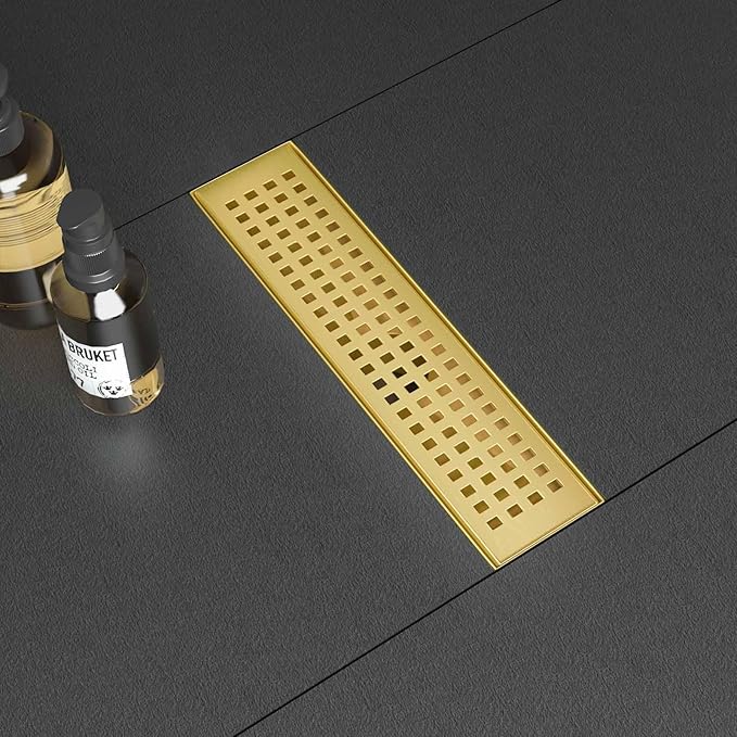 SaniteModar Linear Shower Drain, Gold Shower Drain 12 inch with Removable Grate,Brushed 304 Stainless Steel Linear Drain with Hair Strainer & Leveling Feet