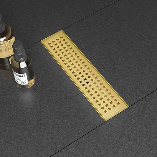 SaniteModar Linear Shower Drain, Gold Shower Drain 12 inch with Removable Grate,Brushed 304 Stainless Steel Linear Drain with Hair Strainer & Leveling Feet