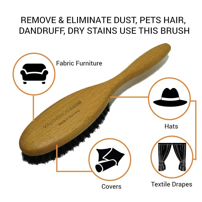 Valentino Garemi Clothes Brush – Boar Bristle Garment Brush for Suits, Jackets & Wool – Removes Lint, Dust & Pet Hair – Wooden Handle – Made in Germany