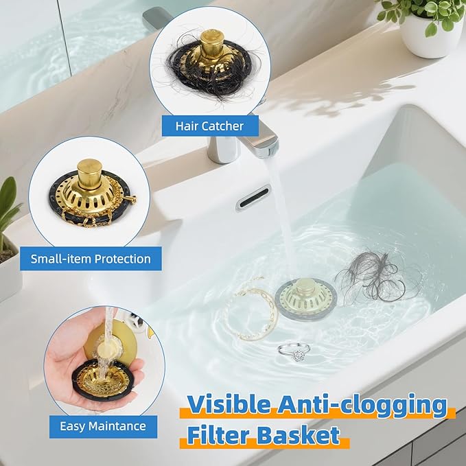 2PACK Universal Bathtub Drain Stopper Shower Hair Catcher Bathroom Sink Strainer, Tub Stopper with Visible Top Strainer, Brass Metal 3 in 1 Pop-up Stopper for Standard 1.1''~2.36'' Hole, Brushed Gold