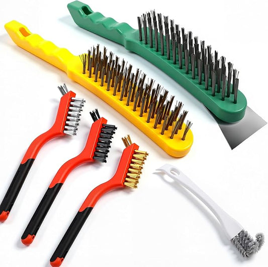 6 Pcs Heavy-Duty Cleaning Brush Set with Stainless Steel Brushes & Scraper - Includes U-Shape Brush, Dual-Head Brass/Nylon Brushes for Gas Stoves, Grills, Rust, Grease & Surface Prep