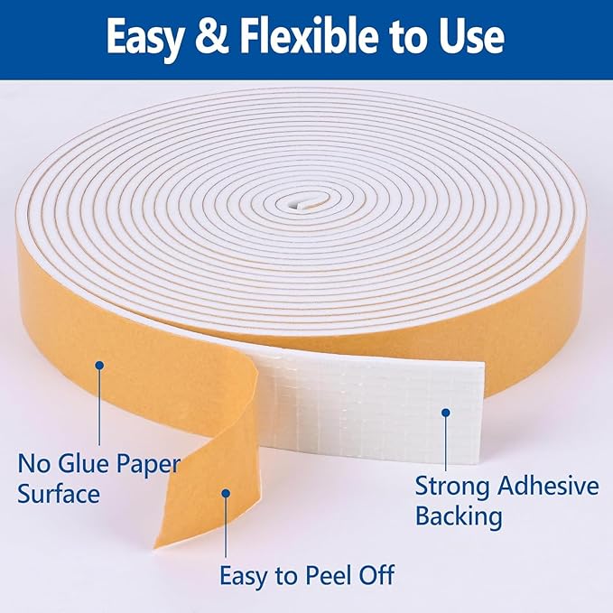 Kikerike Self Adhesive Foam Tape Weatherstrip 3/4in x 3/8in x 20Ft High Density Foam Insulation Strips Seal Weather Stripping with Strong Adhesive for Door and Window Sound Isolation Soundproofing