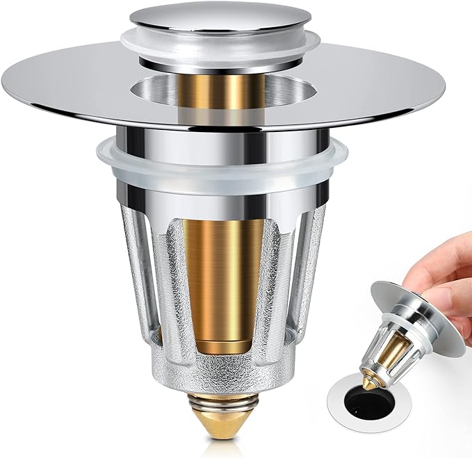 Universal Bathroom Sink Stopper, for 1.1-1.5 Inch Bullet Core Push Type Basin Pop Up Drain Filter, Bathtub Converter Sink Drain Strainer Plug No Overflow with Basket Hair Catcher