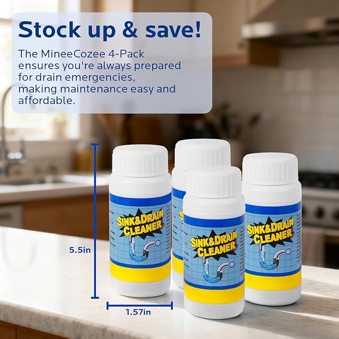 Sink and Drain Cleaner Powder Kit: Fast-Acting Clogged Pipe Opener for Kitchen Bathroom Pipes and Floor Drains - Drain Clog Remover for Routine Home Plumbing Maintenance (4 pack)