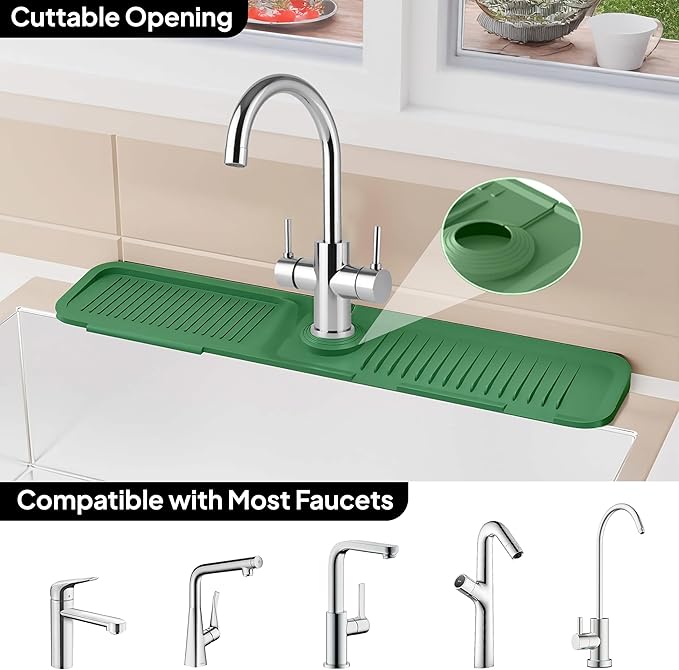 24 Inch Silicone Faucet Mat for Kitchen Sink Splash Guard & Draining Tray Sink Protector with Soap & Sponge Holder Green (Purest Peak)