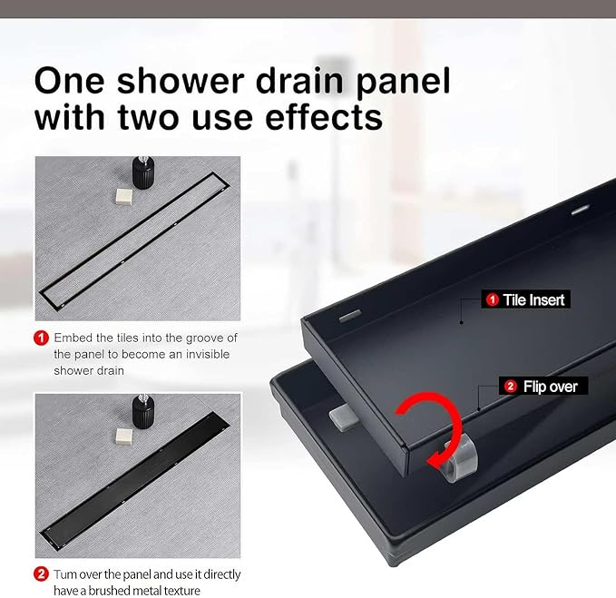 SaniteModar Linear Shower Drain, Black Linear Drain 36 inch with Flat and Tile Insert 2 in 1 Panel, AISI 304 Stainless Steel Black Shower Floor Dain with Hair Strainer and Leveling Feet