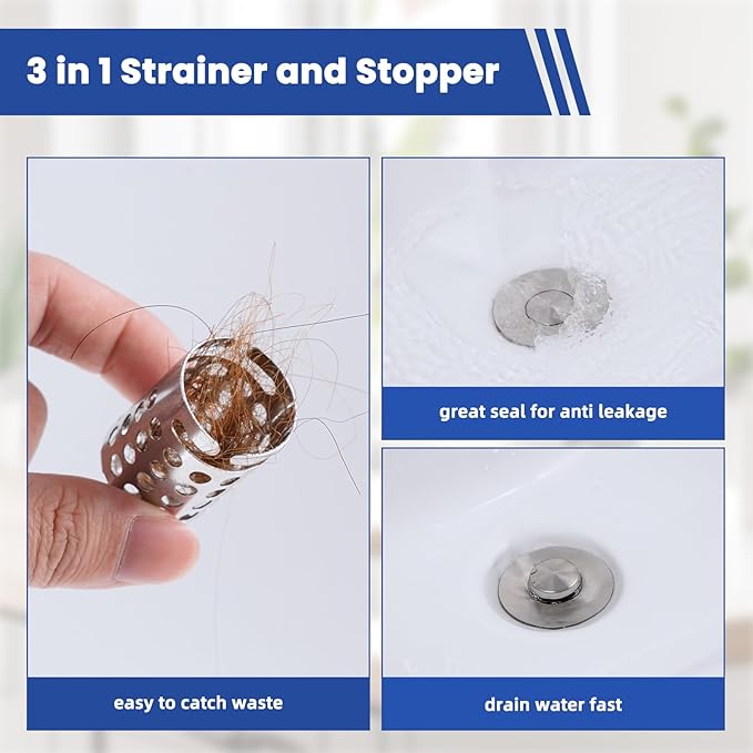 Universal Bathroom Sink Drain Strainer Hair Catcher 2PCS Upgraded with Removable Stainless Steel Filter Basket, 3 in 1 Pop Up Sink Stopper for 1.1''~2.36'' Sink Basin Hole, Brushed Nickel