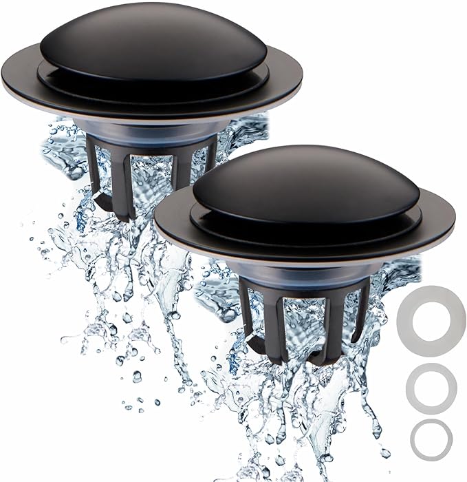 Matte Black Bathroom Sink Drain Stopper,Welsan Universal Pop-Up Drain Stopper Plug Strainer with Hair Catcher for 1 1/8"-1 1/2" Drain Hole-2 Pack