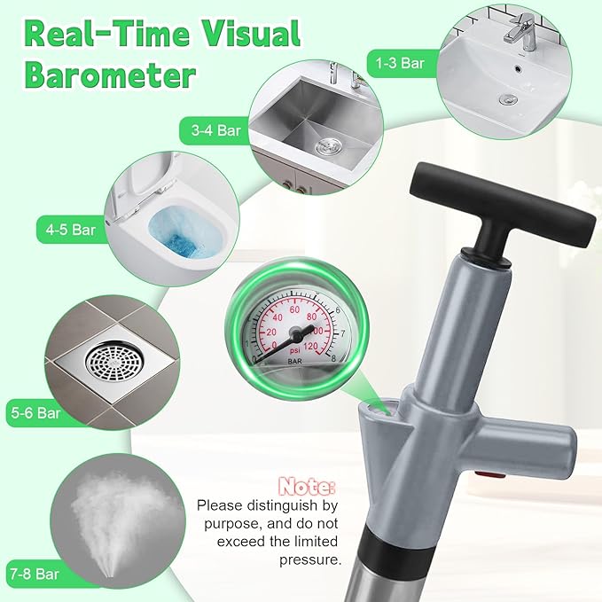High Pressure Toilet Plunger, Toilet Snake Air Drain Blaster with Real -Time Barometer, Heavy Duty Drain Clog Remover for Bathroom, Floor, Shower, Kitchen Clogged (Gery-Manual)