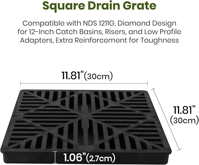 (2-Pack) Calvana Square Drain Grate, Compatible with NDS 1211G, Diamond Design for 12-Inch Catch Basins, Risers, and Low Profile Adapters, Extra Reinforcement for Toughness, Polyethylene, Black