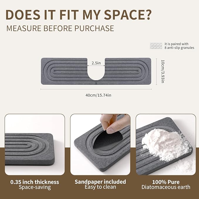 Faucet Mat for Kitchen Sink, Diatomite Stone Drying Sink Protectors, Bathroom Faucet Splash Guard, Quick Dry Water Absorbing, Non-Slip Stone Tray for Kitchen Counter, Grey, 15.7" x 3.9"