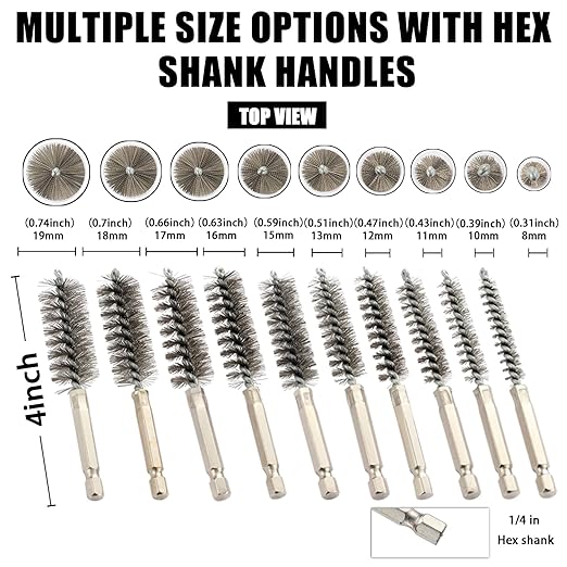 Wire Brush for Drill 10Pcs, Bore Brush Set 10 Size, Drill Brush, Wire Brushes for Cleaning, Drill Brush Attachments with 1/4" Hex Shank and Twisted Stainless Steel Bristles for Power Drill