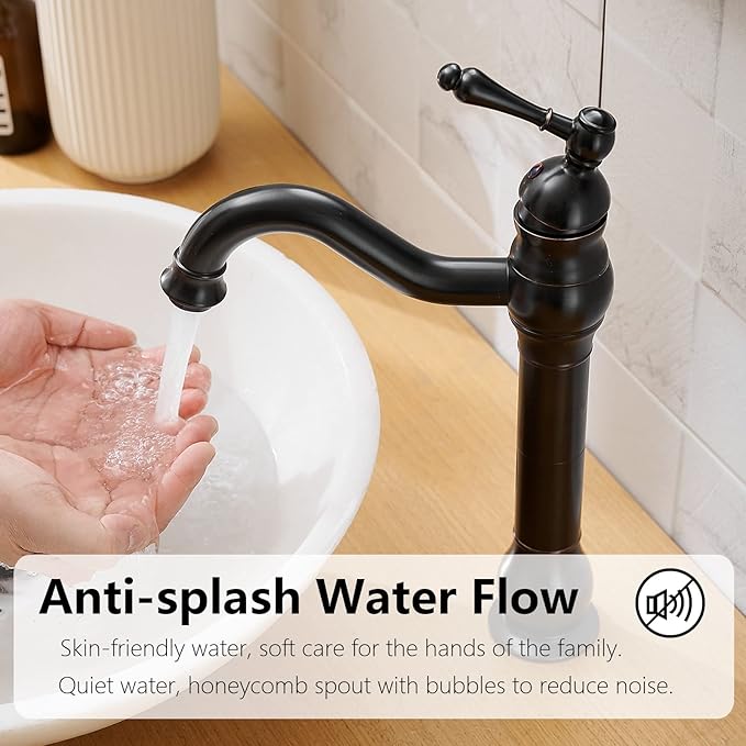 Vessel Sink Faucet Oil Rubbed Bronze Single Handle 1 Hole Bathroom Faucet 360° Swivel Deck Mount Lavatory Commercial Matching Pop Up Drain Without Overflow