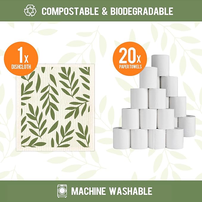 Swedish Dishcloths for Kitchen 6 Pack Eucalyptus Cellulose Sponge Cloths Non Scratch Reusable Paper Towels Biodegradable and Reusable Kitchen Dish Rags (Moss Green)