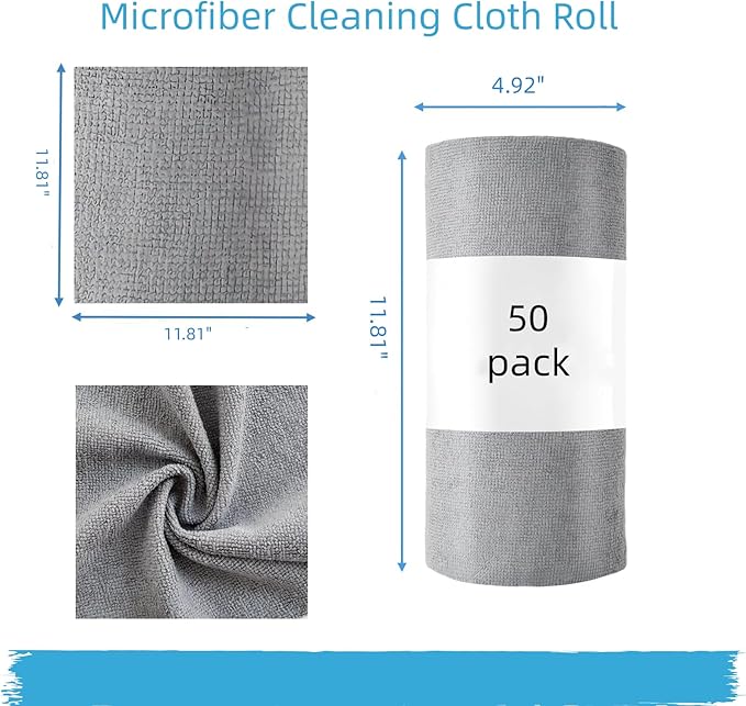 Microfiber Rags 50 Pack - 12" x 12" Tear Away Reusable Towels, Ultra Absorbent Microfiber Cleaning Cloth, Lint Free Washable Cloths for Kitchen, Home & Auto, Reusable Paper Towels Alternative, Grey