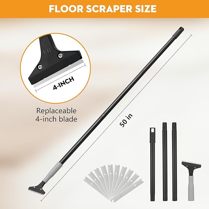 Heavy Duty 4-inch Razor Blade Floor Scraper, 50 Inch Long-Handle, Cleaning Glass Wall Scraper, with 10 Blades, Painting stripping tools, Tile, Floors, Walls