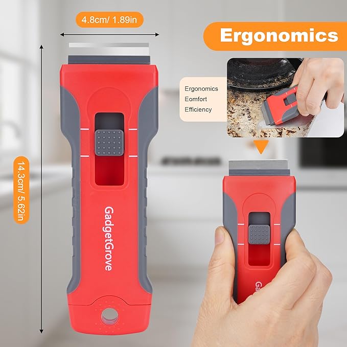 Razor Blade Scraper for Cleaning Glass Window, Cooktop, Oven, Stove, stove top,glass top stoves, Scraper with Buit-In Blade Storage, Upgraded Lock Mechanism, Razor Scraper Buit-In Blade torage, Red