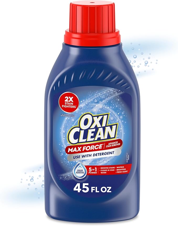 OxiClean Max Force Advanced Stain Remover Liquid, Color-Safe, Bleach-Free Kids and Baby Essential, Use with Detergent to Remove Messy Stains like Berries, Juice, Mud, Grass, 45 Fl Oz