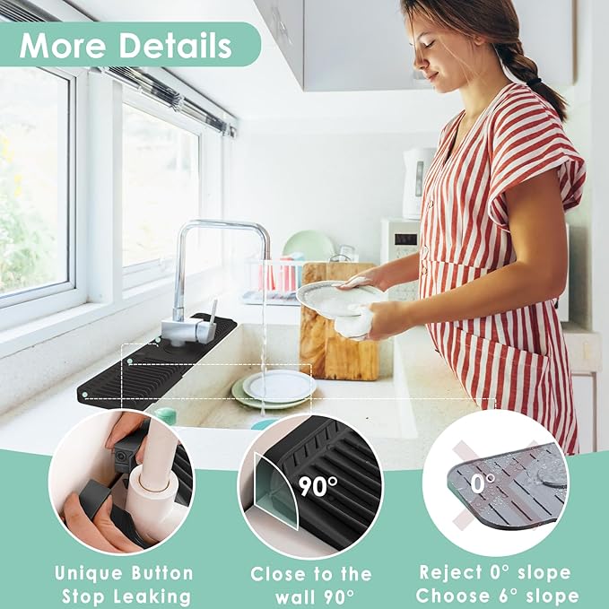 24 Inch Silicone Faucet Mat for Kitchen Sink Splash Guard - 7° Slope Water Draining Mat With Fasten Button for Bathroom Area (Black, 24''x5.5'')