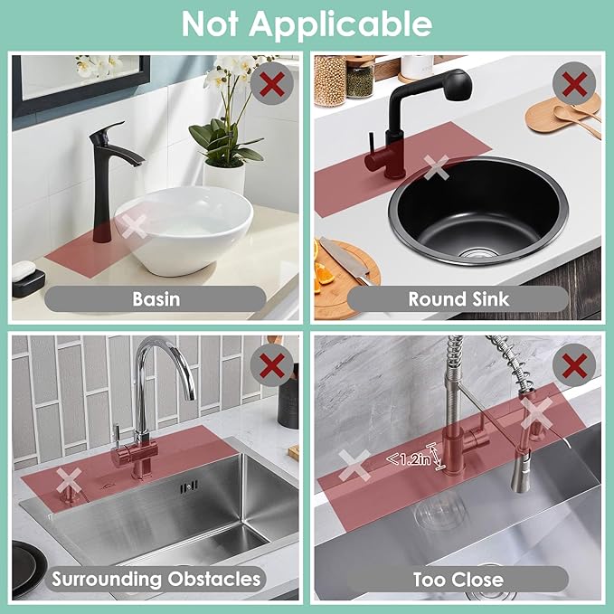 24 Inch Silicone Faucet Mat for Kitchen Sink Splash Guard - 7° Slope Water Draining Mat With Fasten Button for Bathroom Area (Black, 24''x5.5'')
