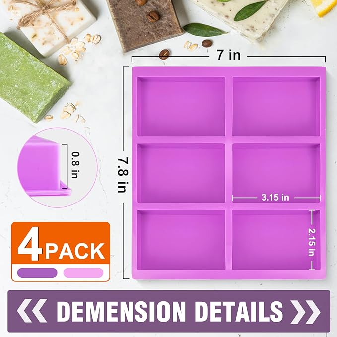 Walfos Silicone Soap Molds, 4 Pieces Rectangle Soap Molds 6 Cavities for Homemade Craft Soap, Cake, Rice Crispy, Chocolate ＆ Ice Cube Tray（Purple ＆ Pink）